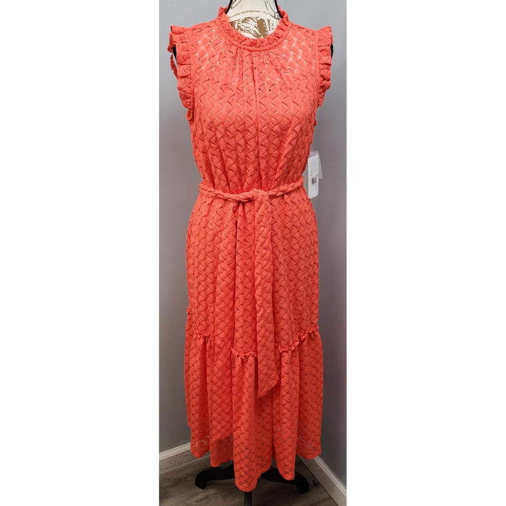 Julia Jordan Tiered Midi Dress Womens 6 Orange Flutter Sleeve Ruffled Tie Waist